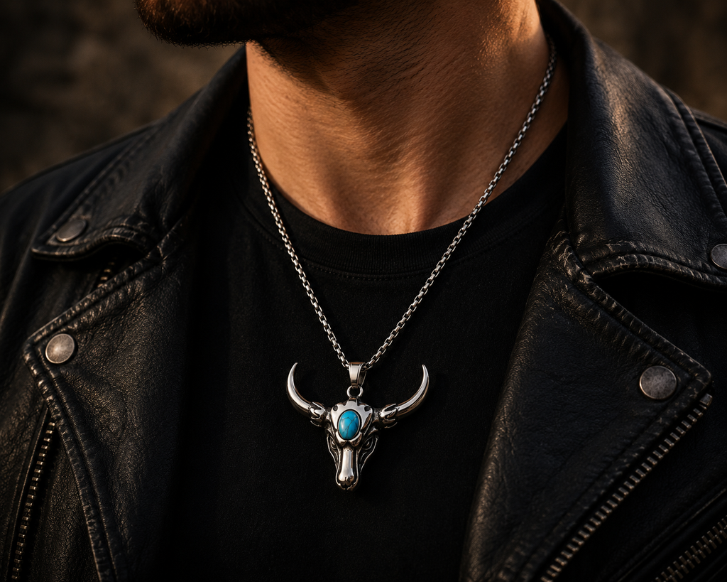 Bull Skull Necklace with Turquoise Stone