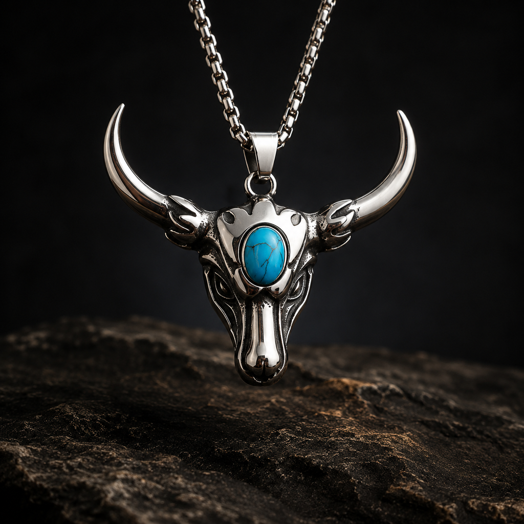 Bull Skull Necklace with Turquoise Stone